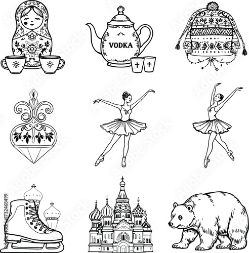 A collection of russian themed icons including nesting dolls, vodka, and ballerinas in black and white