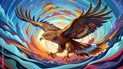 Showcase the buzzard spiraling into boundless sky, realism merging with impressionist hues, wings radiant with color, movement, freedom, strength, vision, beauty, persistence, and artistry.