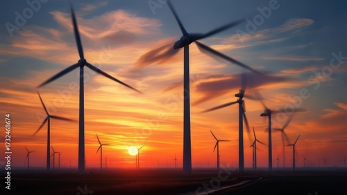 Vibrant Sunset Over Dynamic Wind Farm with Motion-Blurred Turbines Generating Clean Energy