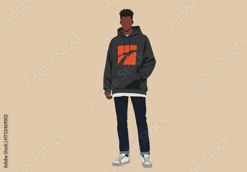 Urban fashion model wearing hoodie setting contemporary style front view streetwear aesthetic