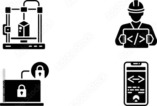 A set of icons representing 3D printing, coding, cybersecurity, and mobile app development.