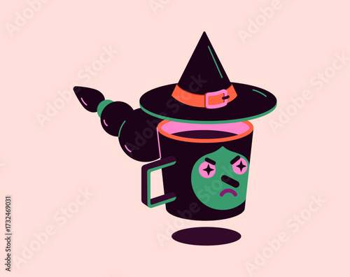 Isometric vector illustration of witch mug halloween in office. Halloween witch cup isometric office illustration. Isometric halloween vector witch mug for office. Cute halloween isometric vector.