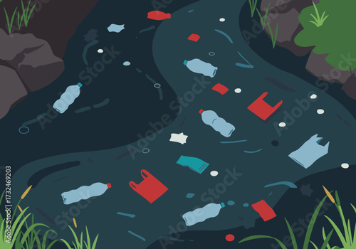 Plastic pollution crisis waterway cleanup digital natural environment aerial view environmental awareness