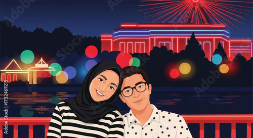 Celebratory Couple Portrait at Night Near a Glowing Building