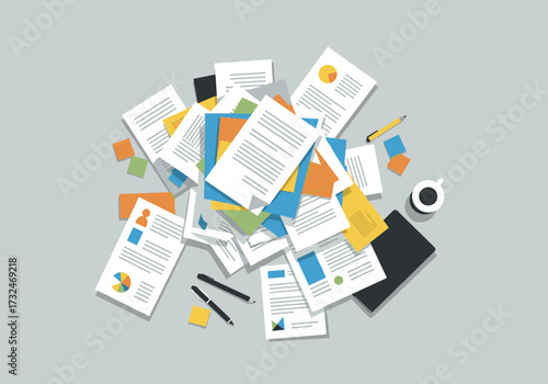 Business report overview office space document collection professional setting top-down perspective data visualization