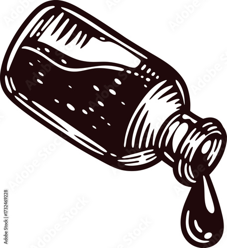 Monochrome engraved glass bottle pouring liquid vintage hand drawn illustration of tipped flask with dripping fluid