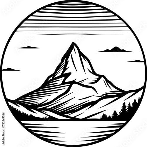 Circular black and white mountain peak illustration with trees and clouds in minimal line art