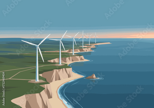 Renewable energy development coastal wind farm digital seaside landscape aerial view sustainability concept