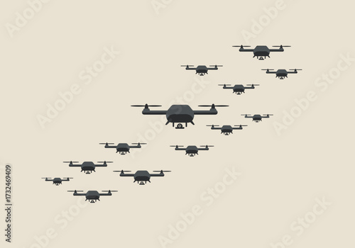 Drone swarm operation aerial view digital futuristic environment technology concept