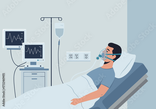 Patient receiving treatment in hospital room medical care digital monitoring calm environment side view healthcare awareness