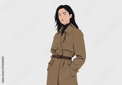 Fashion portrait of confident woman in trench coat urban setting digital contemporary style front view modern aesthetics