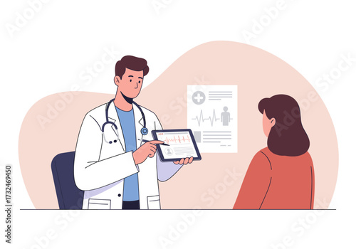 Patient consultation with doctor using tablet technology in medical office setting engaging healthcare discussion