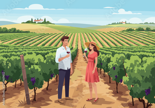 Wine tasting adventure vineyard couple enjoying wine countryside scenic view romantic experience