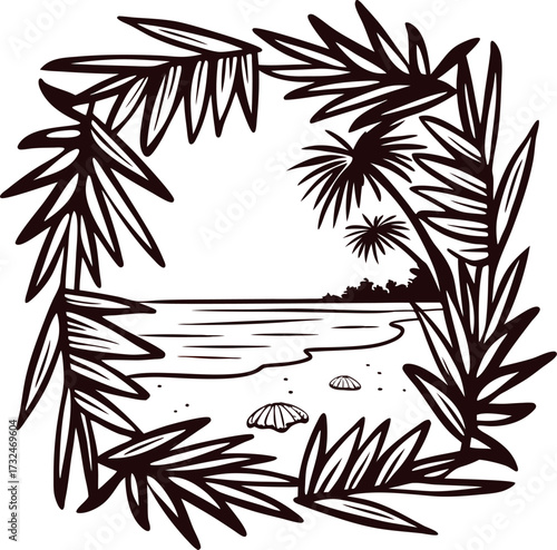 Tropical beach scene framed by palm and fern leaves coastal landscape with seashells and shoreline illustration