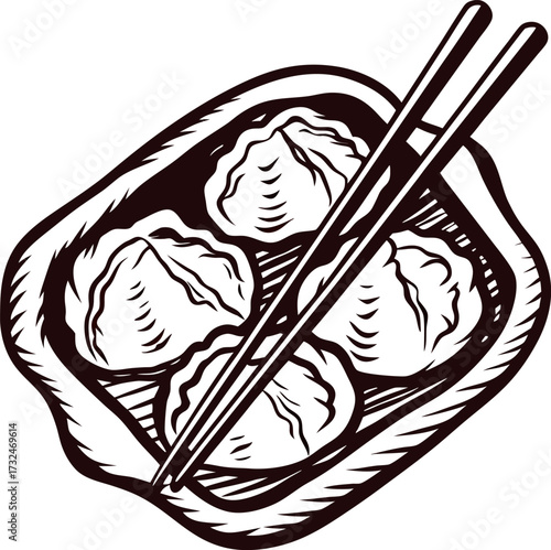 Hand drawn dumplings with chopsticks in wooden bowl illustration vintage engraved asian cuisine sketch art