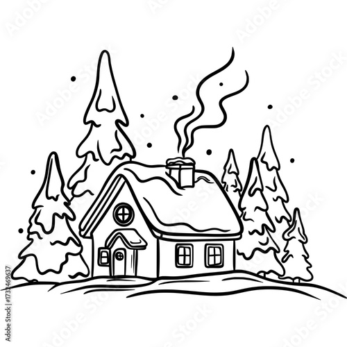 Winter House Line Art, Snow Cottage Outline, Hand Drawn Christmas Holiday Illustration Vector