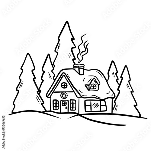 Winter House Line Art, Snow Cottage Outline, Hand Drawn Christmas Holiday Illustration Vector