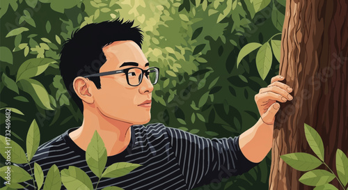 Man Examining Nature in a Forest Setting Illustration