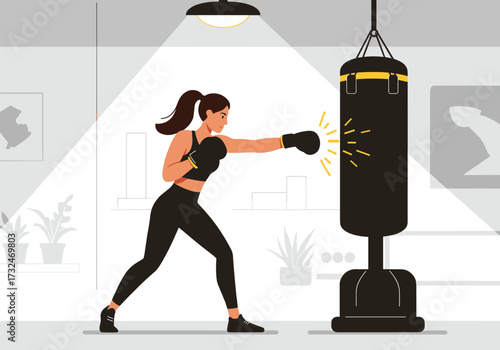Boxing training session home gym digital indoor side view fitness and health concept