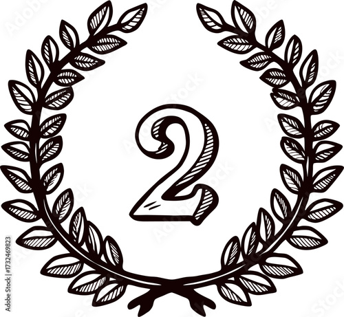 Hand drawn laurel wreath with number two in center, vintage ink illustration of award rank symbol on white
