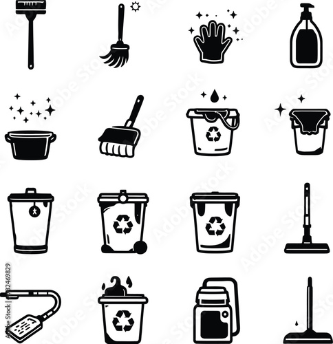 A collection of cleaning supplies and equipment icons in black and white on a white background