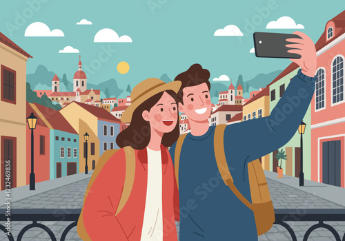 Couple taking selfie scenic city streets digital charming european environment bright daylight romance and adventure
