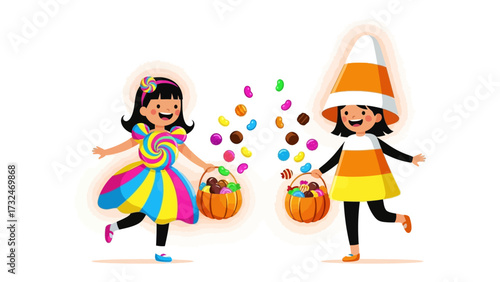 Sweet Treat Celebration: Two cheerful children joyfully collect sweets, dressed in whimsical costumes, embodying the sugary spirit of a festive occasion. 