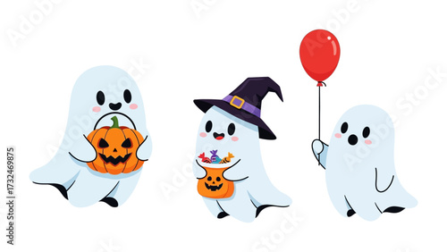 Spooky Squad: A trio of adorable ghost characters prepare for a delightful Halloween night, each with their own festive prop, conjuring a mix of fun.