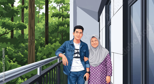 Generations on a Balcony Mother and Son Enjoying a Forest View