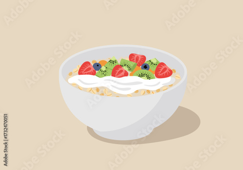 Delicious fruit yogurt bowl kitchen food bright environment top-down view healthy eating concept