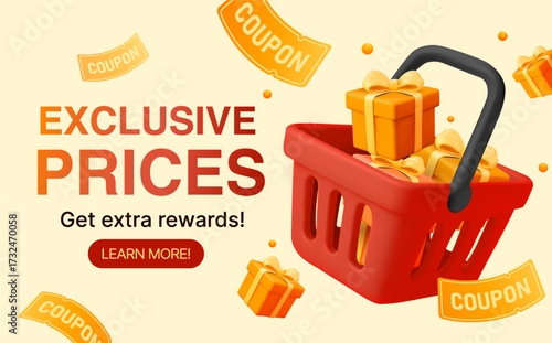 Exclusive Prices shopping banner with a red basket full of gift boxes, floating coupons. 3d shopping gift voucher banner template in vector illustration. Vector illustration