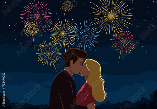 Romantic kiss under fireworks night sky digital enchanting atmosphere view love celebration