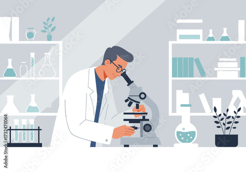 Scientist conducting research at laboratory microscope science facility digital modern environment view