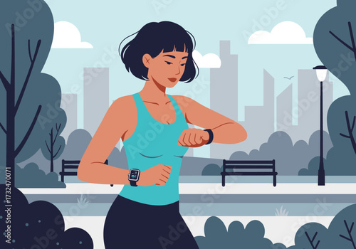 Running woman in city park fitness lifestyle urban environment daytime perspective