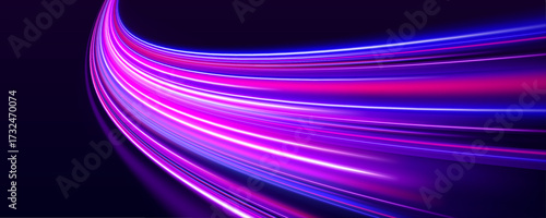 Futuristic highway at night with glowing neon trails streaming through darkness. Dynamic lines twist and curl in vibrant blue and purple hues. The speed is captured in light motion.
