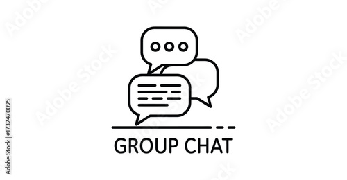 Black and white icon of overlapping speech bubbles with “GROUP CHAT” text, symbolizing messaging, communication, and social interaction
