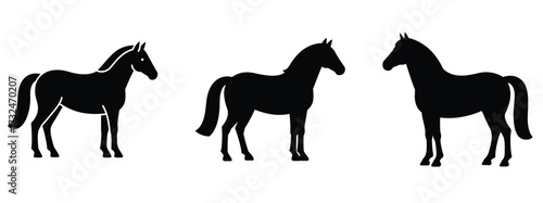 Standing horse silhouette vector icon set.