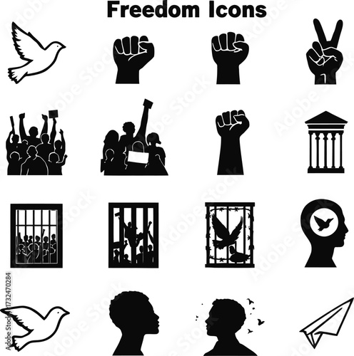 Collection of black and white freedom icons depicting peace protests and liberation symbols on white