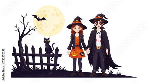 Halloween Enchantment: A bewitching scene, where two enchanting figures, in costume, stand hand in hand beneath a radiant full moon and a bat adding to the eerie charm.