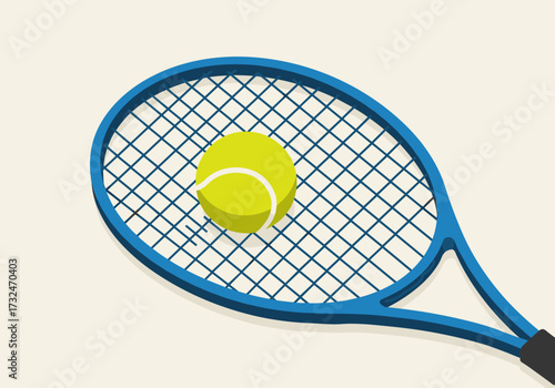 Tennis action with yellow ball on blue racket indoor setting graphic perspective