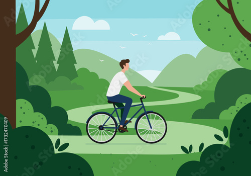 Biking adventure through lush green hills serene nature scene outdoor view leisure activity