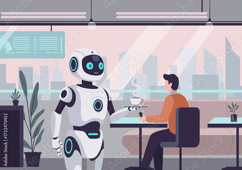 Robot serves coffee to customer futuristic digital art modern environment close-up view innovative technology concept