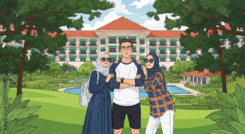 Illustration of Friends Posing in Front of a Building