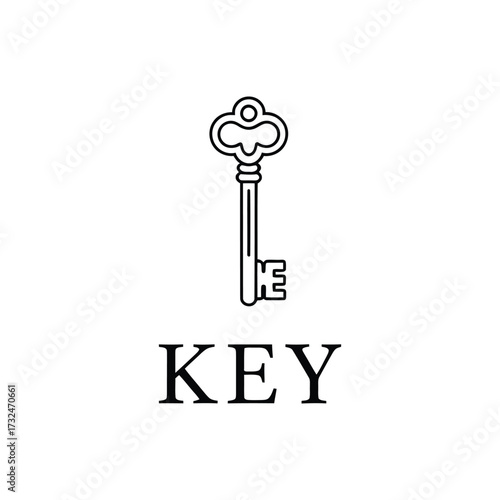 Minimalist black line drawing of vintage key with bold “KEY” text, symbolizing access, security, solution, and classic design aesthetics