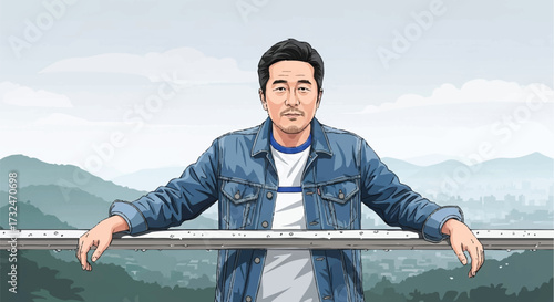 Casual Man Relaxing Outdoor with Mountains