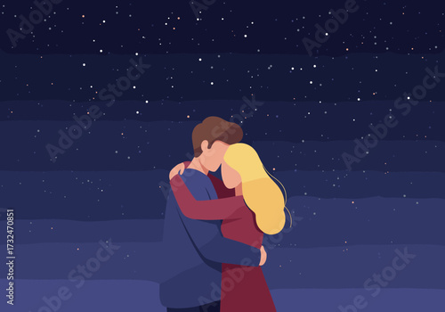 Romantic embrace under a starry sky couple in love digital nighttime intimate viewpoint
