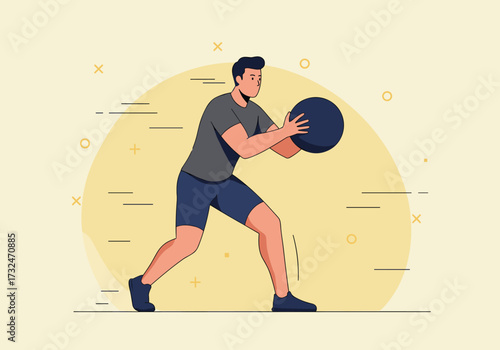 Dynamic male athlete training with medicine ball indoor gym digital energetic environment action perspective