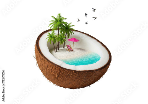 A large, half-cut brown coconut revealing a miniature tropical island scene with sandy beach, turquoise lagoon, palm trees, pink umbrella, and flying birds, concept of idyllic escape