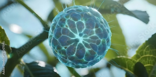 緑の植物の枝にある青い球状の物体