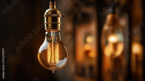 Vintage Edison Bulb Radiating Warmth, Suspended Elegantly Against Blurred Background